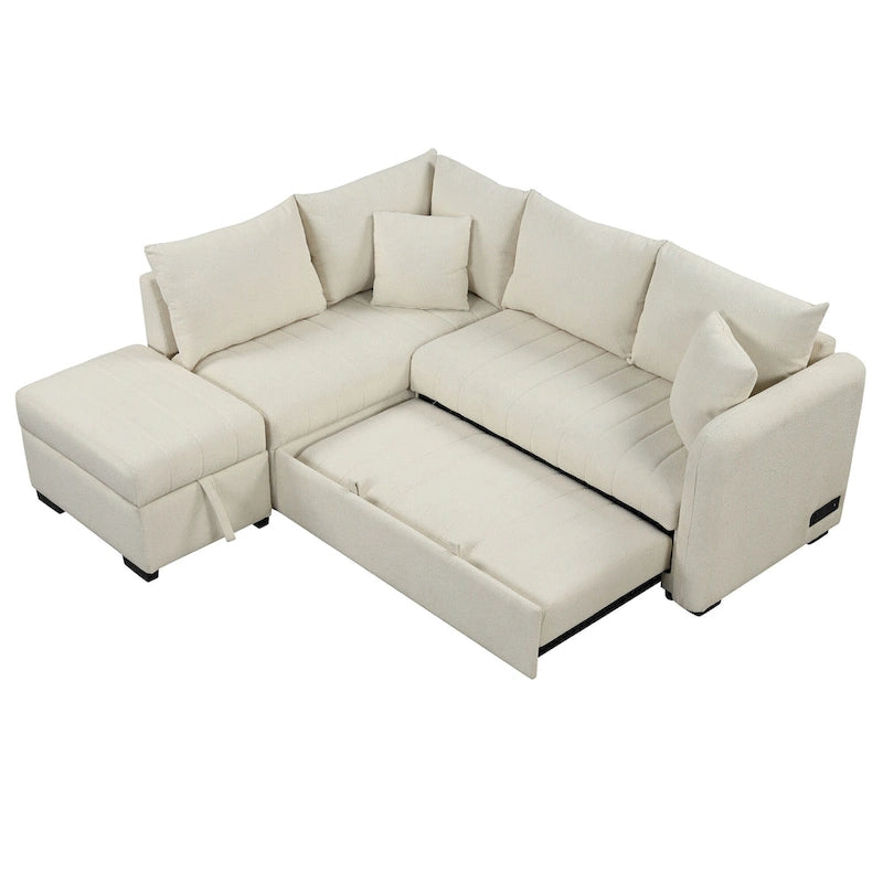 Roomfitters L-Shaped Pull-Out Sleeper Sofa with USB Ports, Power Sockets, and Movable Storage Ottoman