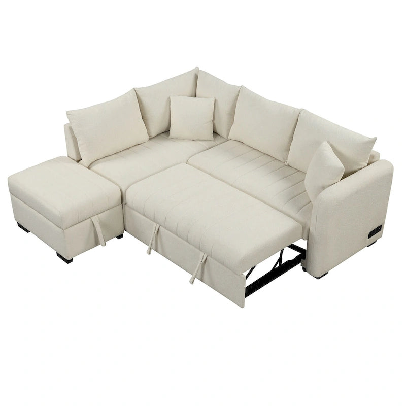 Roomfitters L-Shaped Pull-Out Sleeper Sofa with USB Ports, Power Sockets, and Movable Storage Ottoman