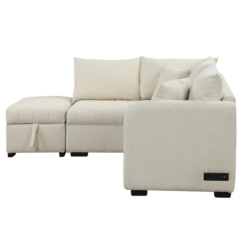 Roomfitters L-Shaped Pull-Out Sleeper Sofa with USB Ports, Power Sockets, and Movable Storage Ottoman