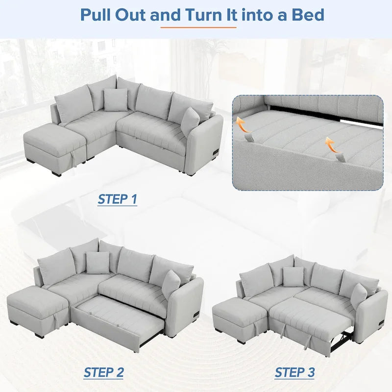 Roomfitters L-Shaped Pull-Out Sleeper Sofa with USB Ports, Power Sockets, and Movable Storage Ottoman