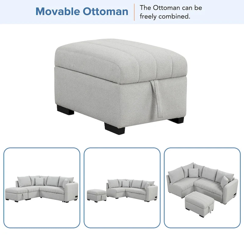 Roomfitters L-Shaped Pull-Out Sleeper Sofa with USB Ports, Power Sockets, and Movable Storage Ottoman