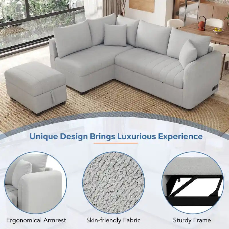 Roomfitters L-Shaped Pull-Out Sleeper Sofa with USB Ports, Power Sockets, and Movable Storage Ottoman