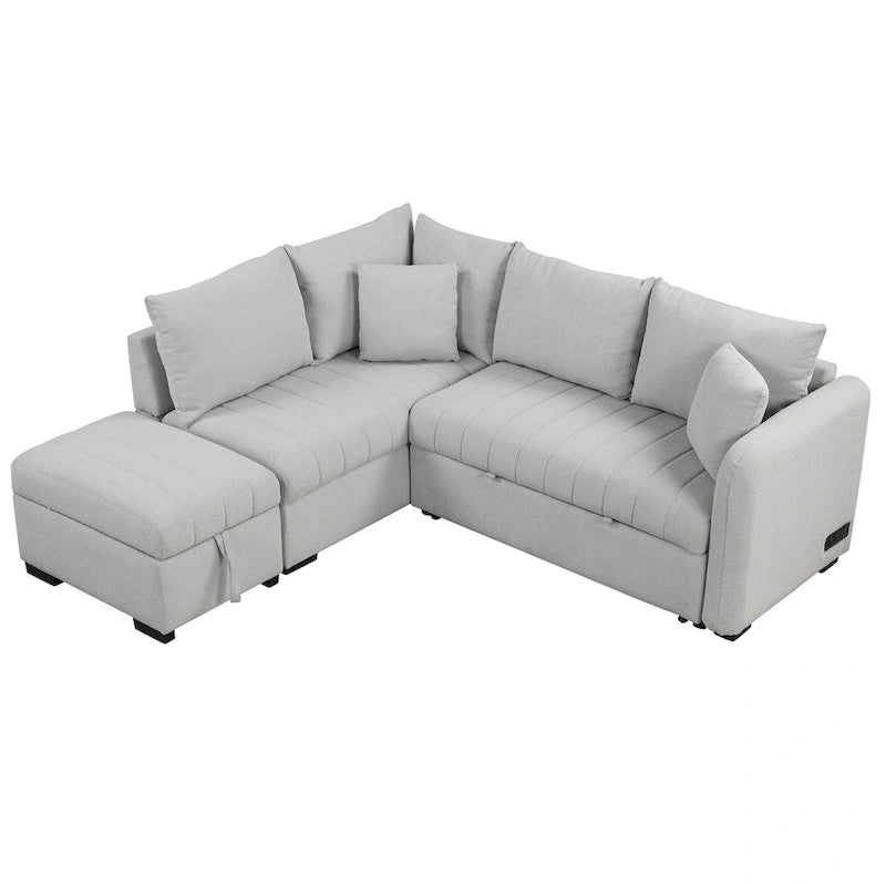 Roomfitters L-Shaped Pull-Out Sleeper Sofa with USB Ports, Power Sockets, and Movable Storage Ottoman