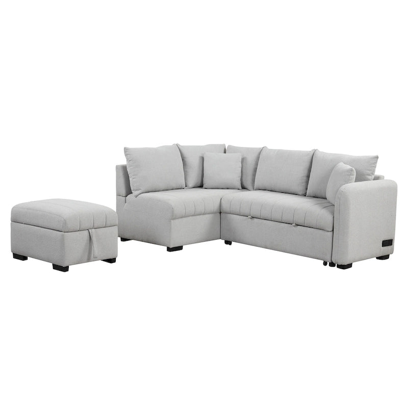 Roomfitters L-Shaped Pull-Out Sleeper Sofa with USB Ports, Power Sockets, and Movable Storage Ottoman