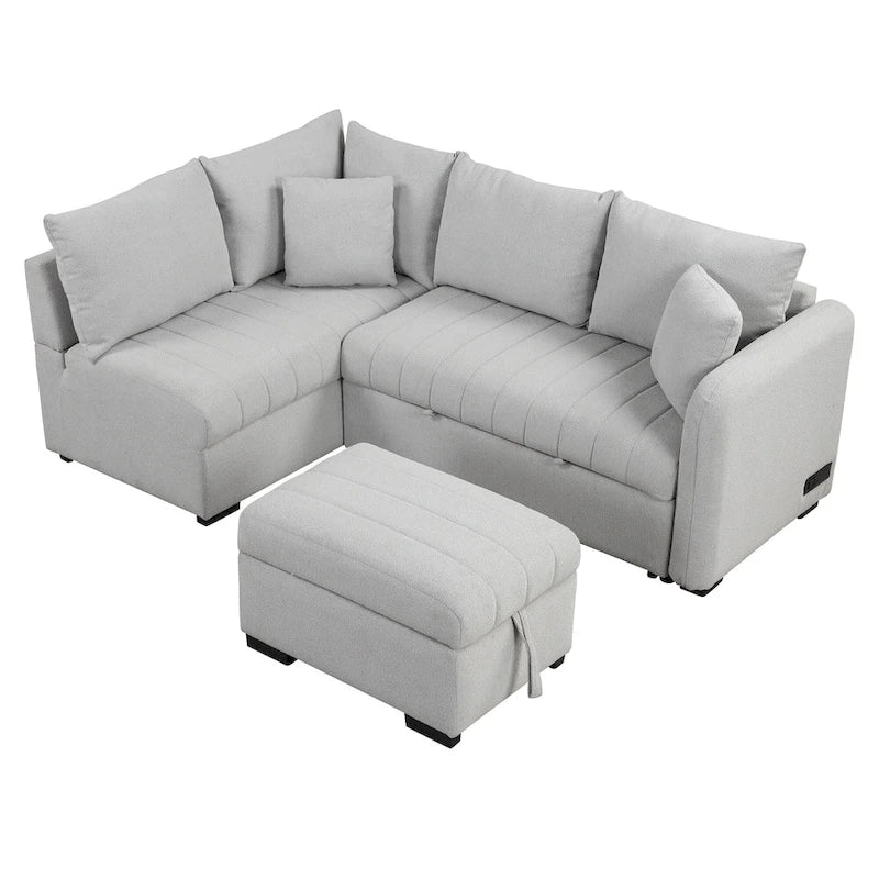 Roomfitters L-Shaped Pull-Out Sleeper Sofa with USB Ports, Power Sockets, and Movable Storage Ottoman