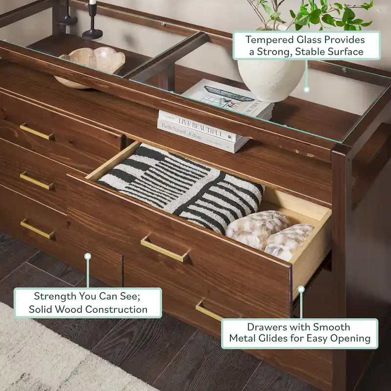 Walker Edison Solid Wood Dresser with Tempered Glass Top