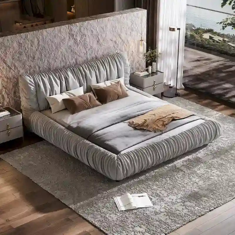 Light Grey King Size Luxury Upholstered Platform Bed with Removable Cushion and Solid Wood Frame