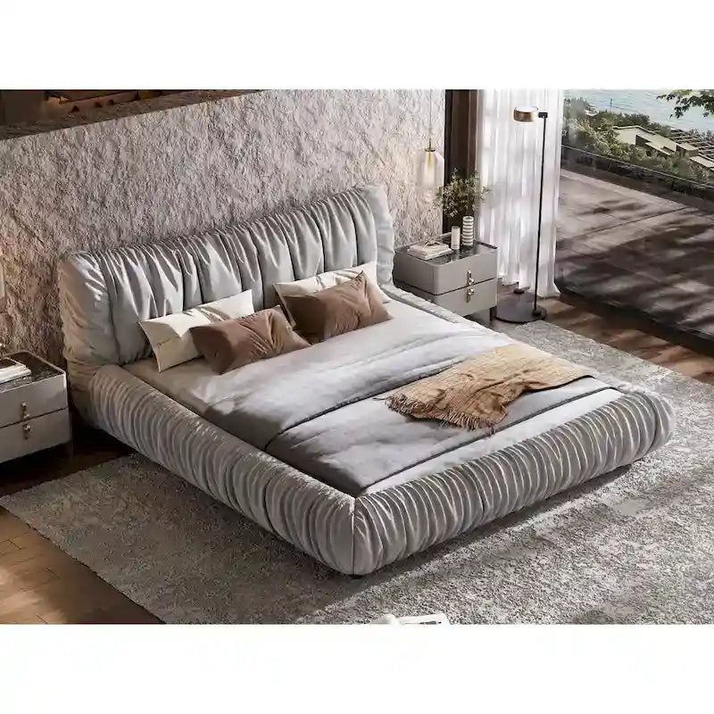 Light Grey King Size Luxury Upholstered Platform Bed with Removable Cushion and Solid Wood Frame