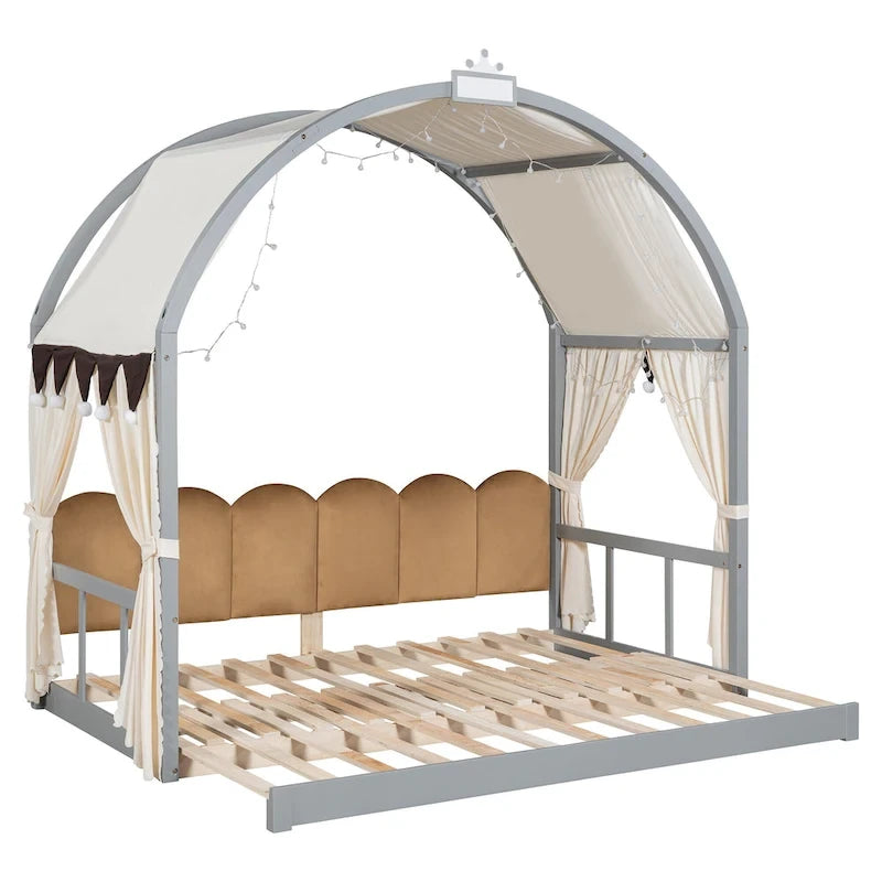 Gray Twin Size Bed with Arched Roof and Trundle
