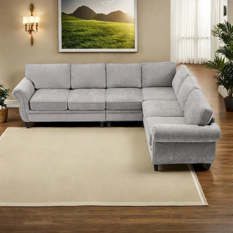 109.5 Chenille 6-Seater L-Shaped Sectional Sofa with Rivets Decorated Rolled Armrests,Cushions, and Wood Frame