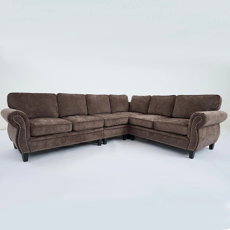109.5 Chenille 6-Seater L-Shaped Sectional Sofa with Rivets Decorated Rolled Armrests,Cushions, and Wood Frame