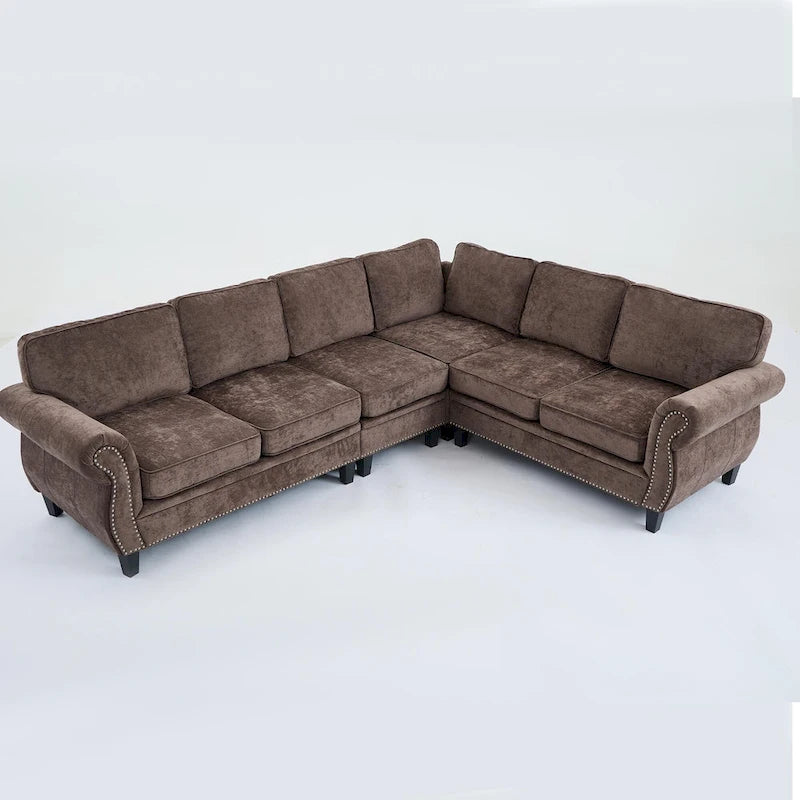 109.5 Chenille 6-Seater L-Shaped Sectional Sofa with Rivets Decorated Rolled Armrests,Cushions, and Wood Frame