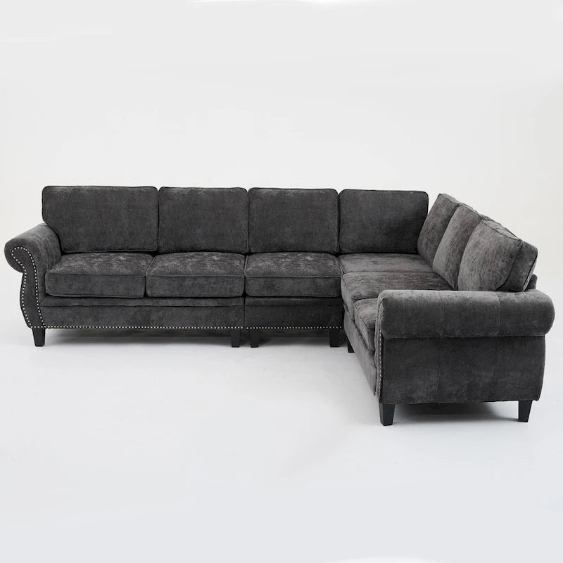 109.5 Chenille 6-Seater L-Shaped Sectional Sofa with Rivets Decorated Rolled Armrests,Cushions, and Wood Frame