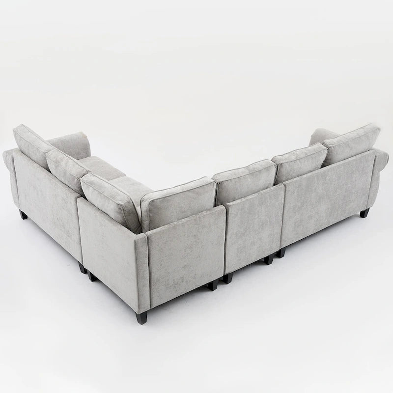 109.5 Chenille 6-Seater L-Shaped Sectional Sofa with Rivets Decorated Rolled Armrests,Cushions, and Wood Frame