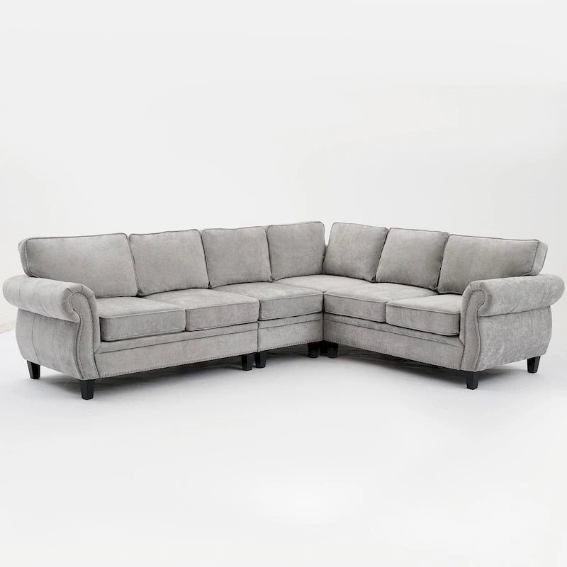 109.5 Chenille 6-Seater L-Shaped Sectional Sofa with Rivets Decorated Rolled Armrests,Cushions, and Wood Frame