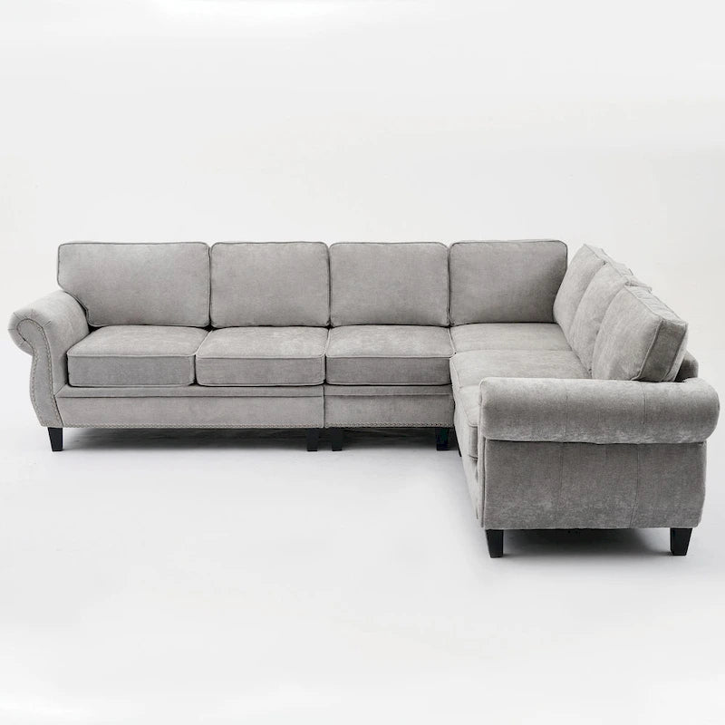 109.5 Chenille 6-Seater L-Shaped Sectional Sofa with Rivets Decorated Rolled Armrests,Cushions, and Wood Frame