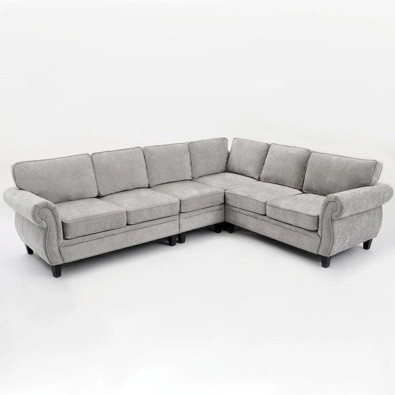109.5 Chenille 6-Seater L-Shaped Sectional Sofa with Rivets Decorated Rolled Armrests,Cushions, and Wood Frame