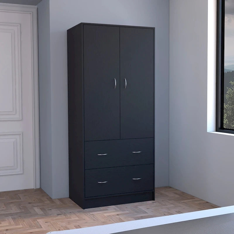 30.9 Modern Double-door Armoire with Two Drawers and Hanging Rod for Bedroom