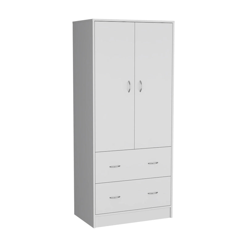 30.9 Modern Double-door Armoire with Two Drawers and Hanging Rod for Bedroom