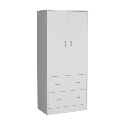 30.9 Modern Double-door Armoire with Two Drawers and Hanging Rod for Bedroom