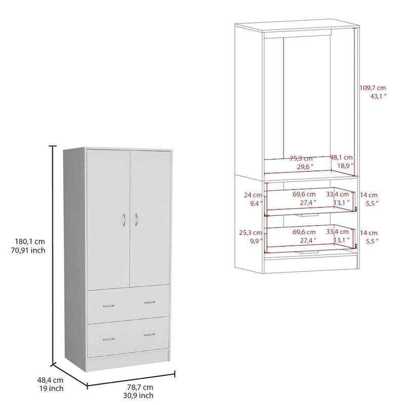 30.9 Modern Double-door Armoire with Two Drawers and Hanging Rod for Bedroom