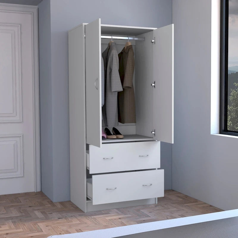 30.9 Modern Double-door Armoire with Two Drawers and Hanging Rod for Bedroom