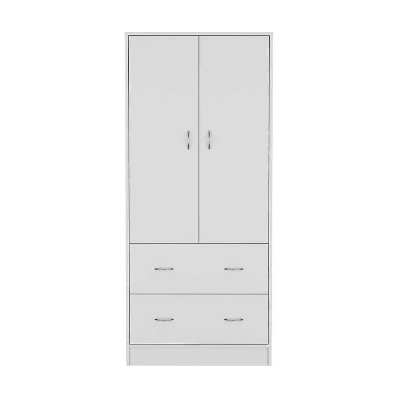 30.9 Modern Double-door Armoire with Two Drawers and Hanging Rod for Bedroom