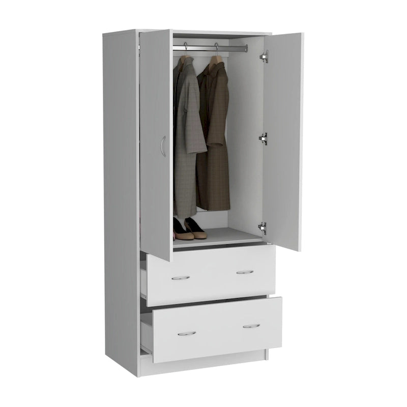 30.9 Modern Double-door Armoire with Two Drawers and Hanging Rod for Bedroom
