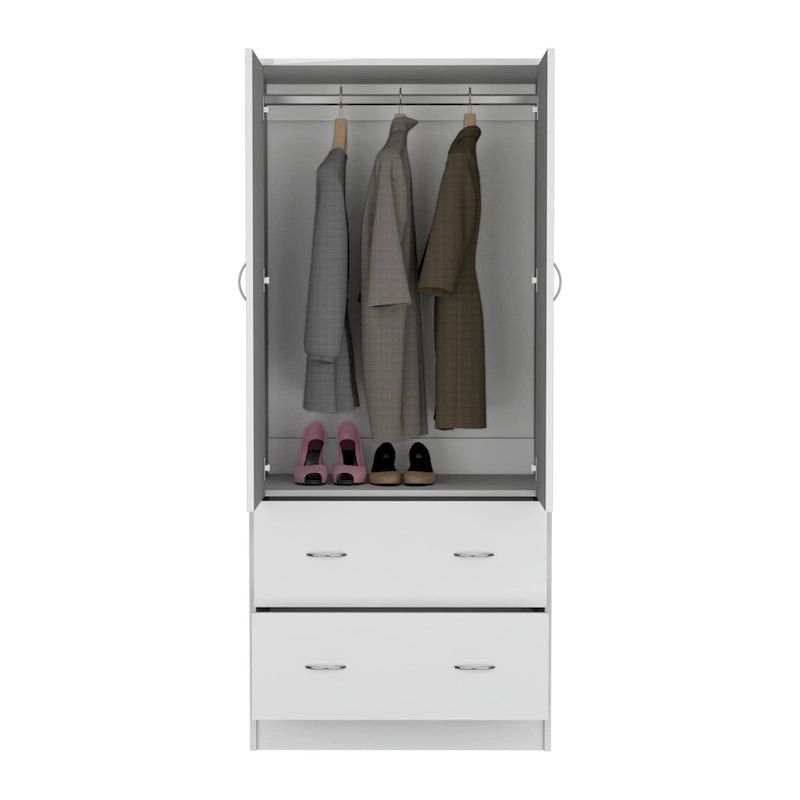 30.9 Modern Double-door Armoire with Two Drawers and Hanging Rod for Bedroom
