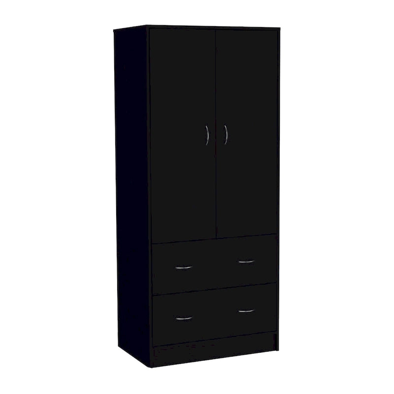 30.9 Modern Double-door Armoire with Two Drawers and Hanging Rod for Bedroom