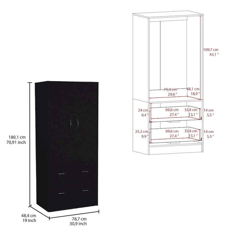 30.9 Modern Double-door Armoire with Two Drawers and Hanging Rod for Bedroom