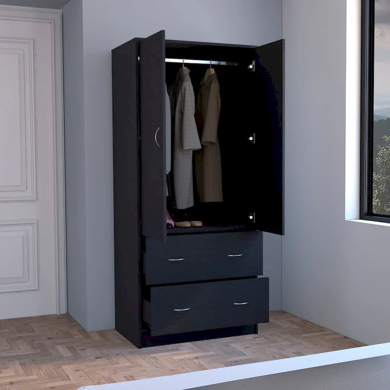 30.9 Modern Double-door Armoire with Two Drawers and Hanging Rod for Bedroom