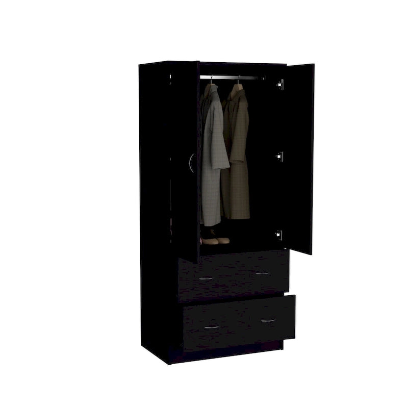30.9 Modern Double-door Armoire with Two Drawers and Hanging Rod for Bedroom