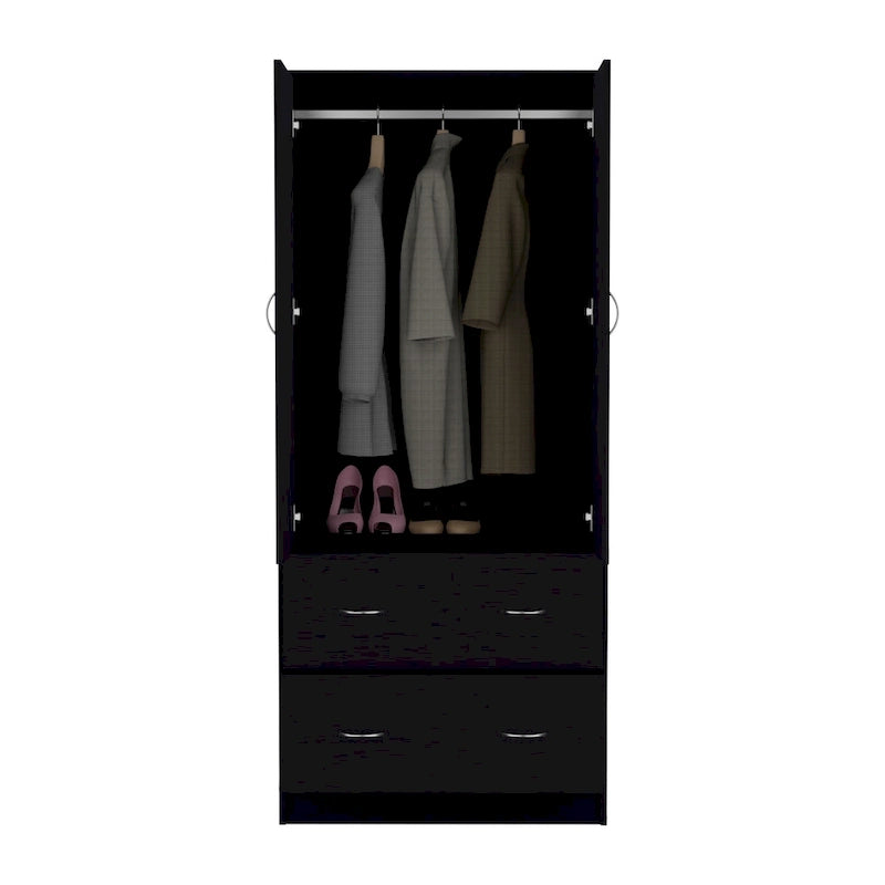 30.9 Modern Double-door Armoire with Two Drawers and Hanging Rod for Bedroom