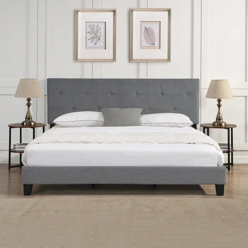 King Upholstered Platform Bed with Button Tufted Linen Headboard