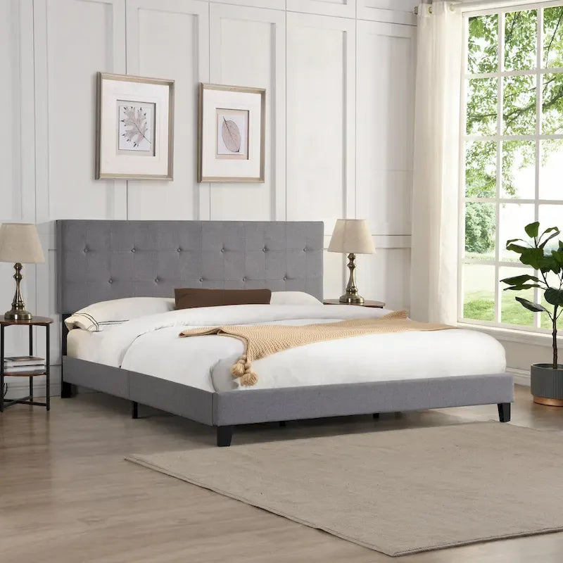 King Upholstered Platform Bed with Button Tufted Linen Headboard