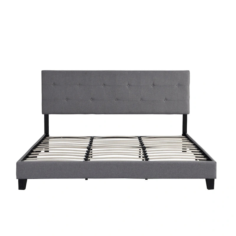 King Upholstered Platform Bed with Button Tufted Linen Headboard