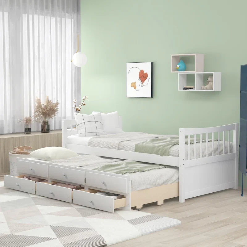 Twin Wooden Daybed with Trundle, Drawers & Headboard