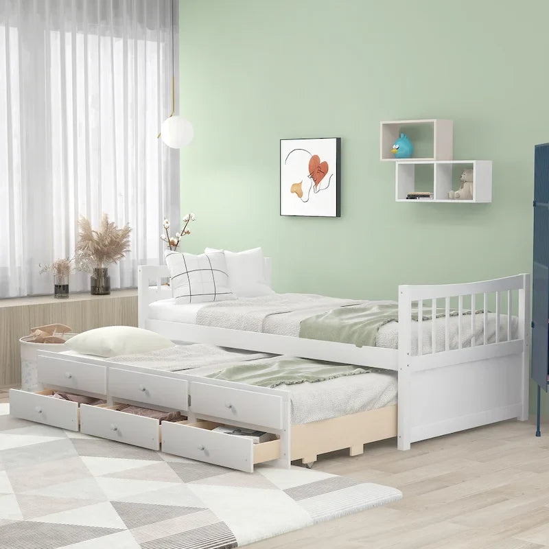 Twin Wooden Daybed with Trundle, Drawers & Headboard