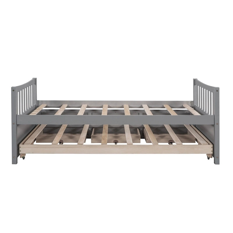 Twin Wooden Daybed with Trundle, Drawers & Headboard