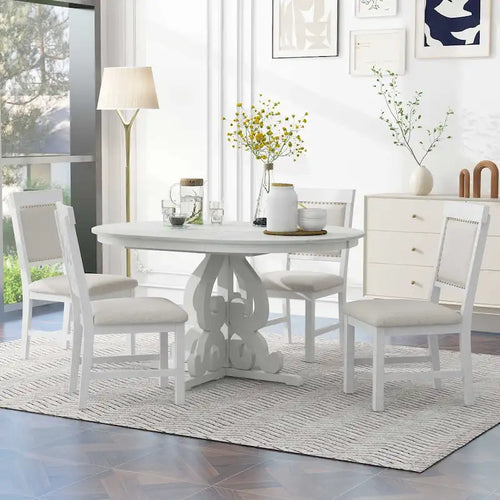 Antique White Retro 5-Piece Wooden Dining Table Set with Extendable Table & 4 Chairs