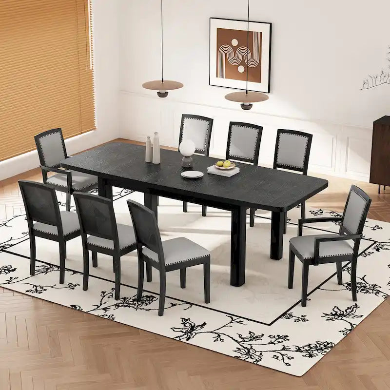 Black+ Gray 7-Piece Wooden Dining Table Set with Extendable Table & 6 Chairs