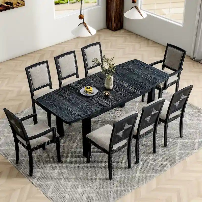 Black+ Gray 7-Piece Wooden Dining Table Set with Extendable Table & 6 Chairs