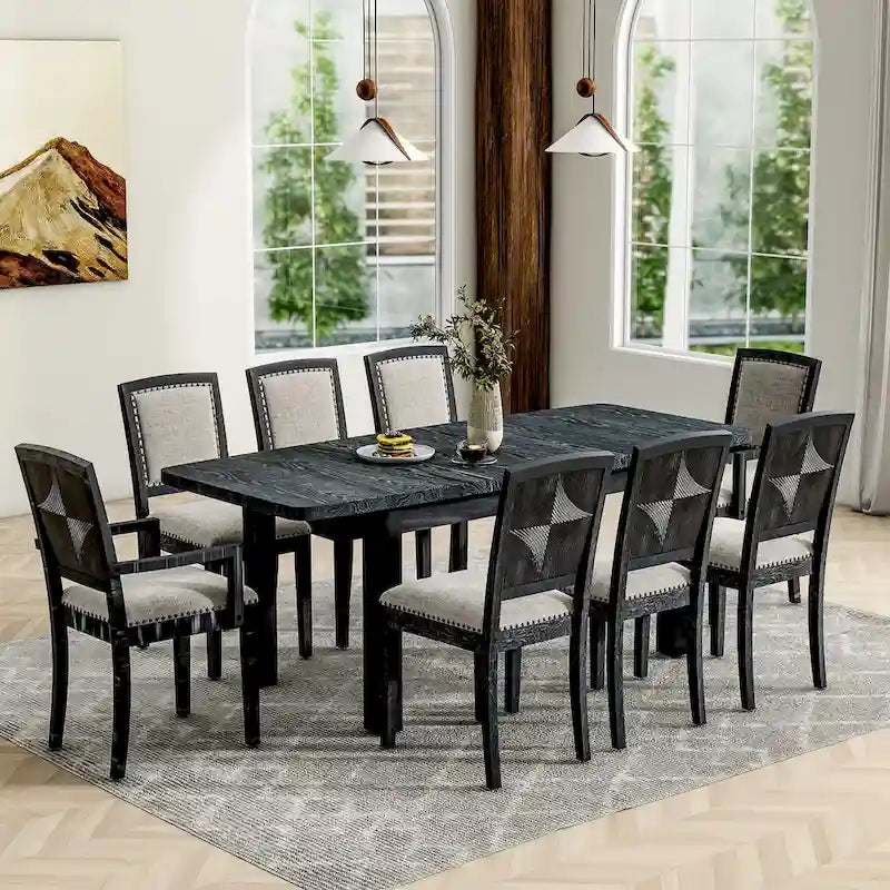 Black+ Gray 7-Piece Wooden Dining Table Set with Extendable Table & 6 Chairs