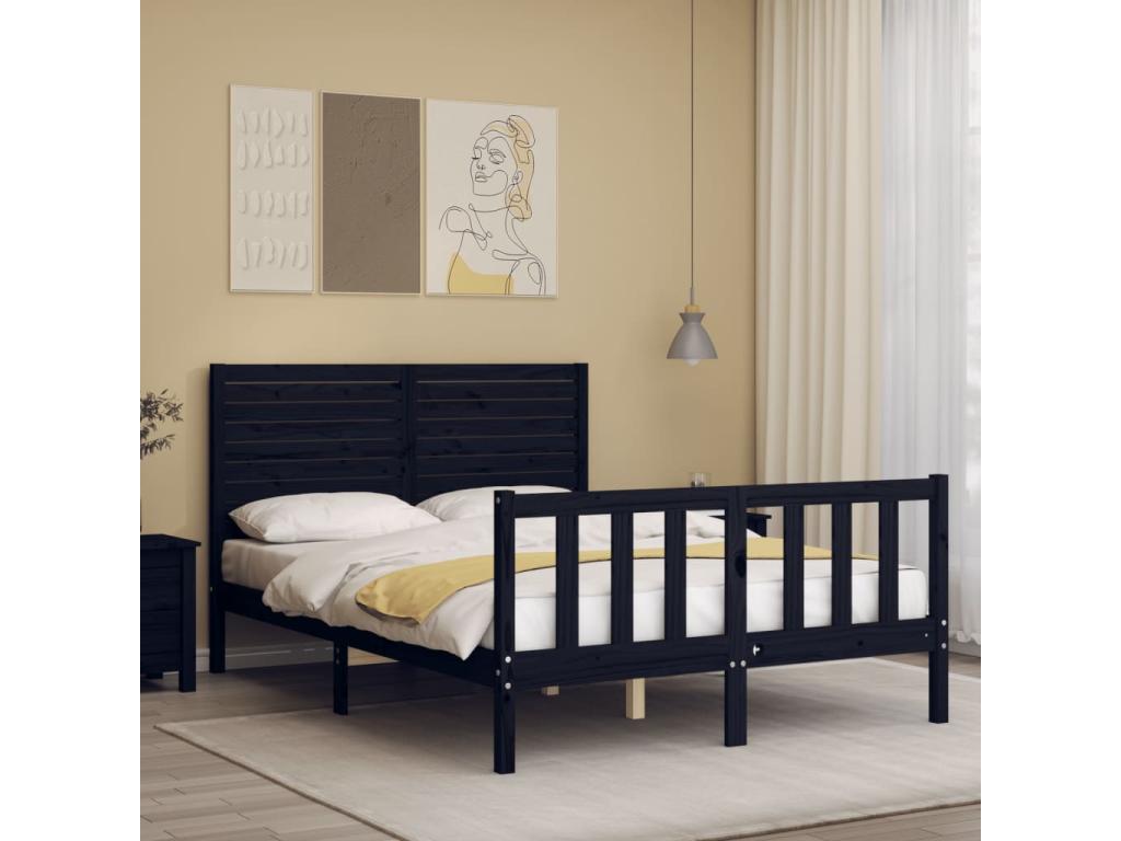 Black Solid Wood Bed Frame, 140 x 190 cm
