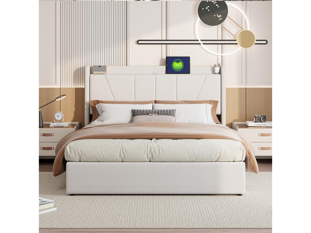 Beige Fabric Bed, 160 x 200 cm