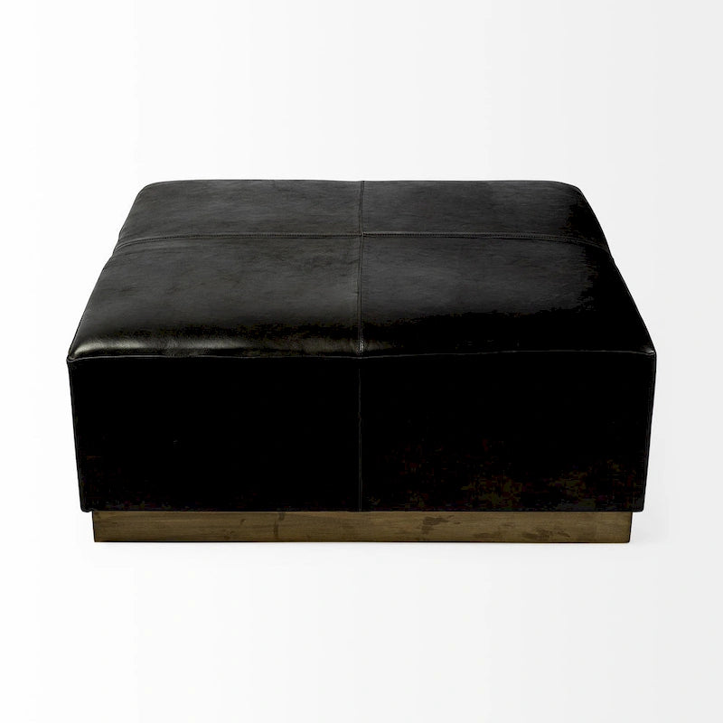 Minara Black Genuine Leather w/ Gold Metal Base 36 Square Ottoman