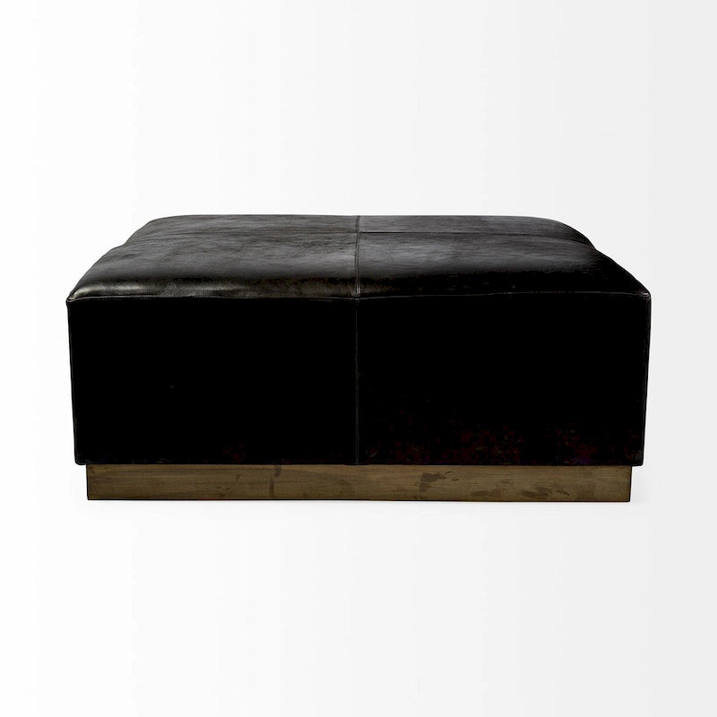 Minara Black Genuine Leather w/ Gold Metal Base 36 Square Ottoman