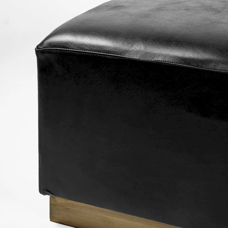 Minara Black Genuine Leather w/ Gold Metal Base 36 Square Ottoman