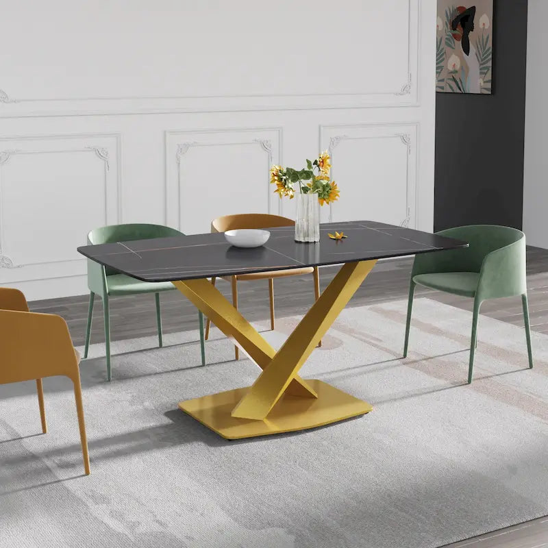 63 Modern Dining Table with Slate Stone Top and Metal Legs, Marble Dining Table